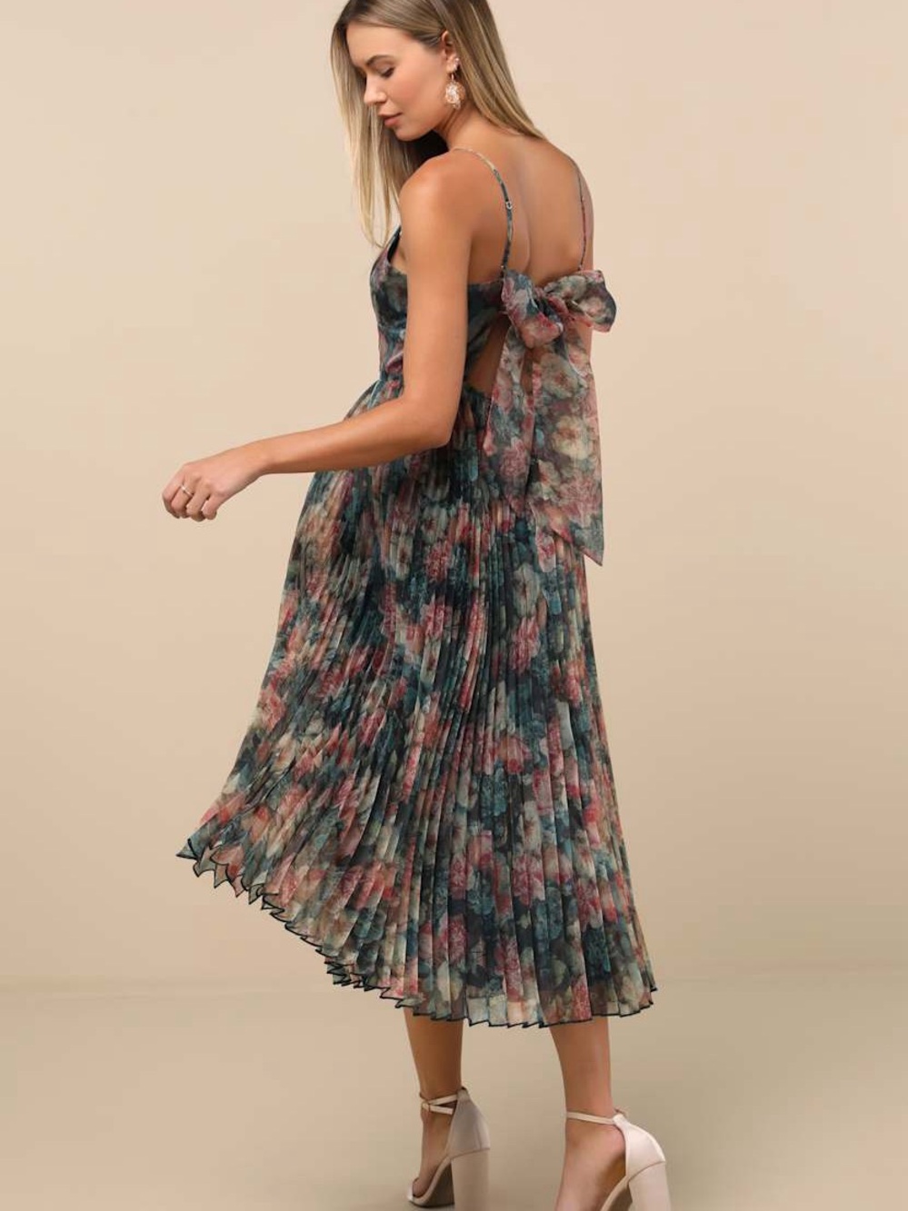 Lulus Alondra Dark Green Multi Floral Pleated Midi Dress size xl